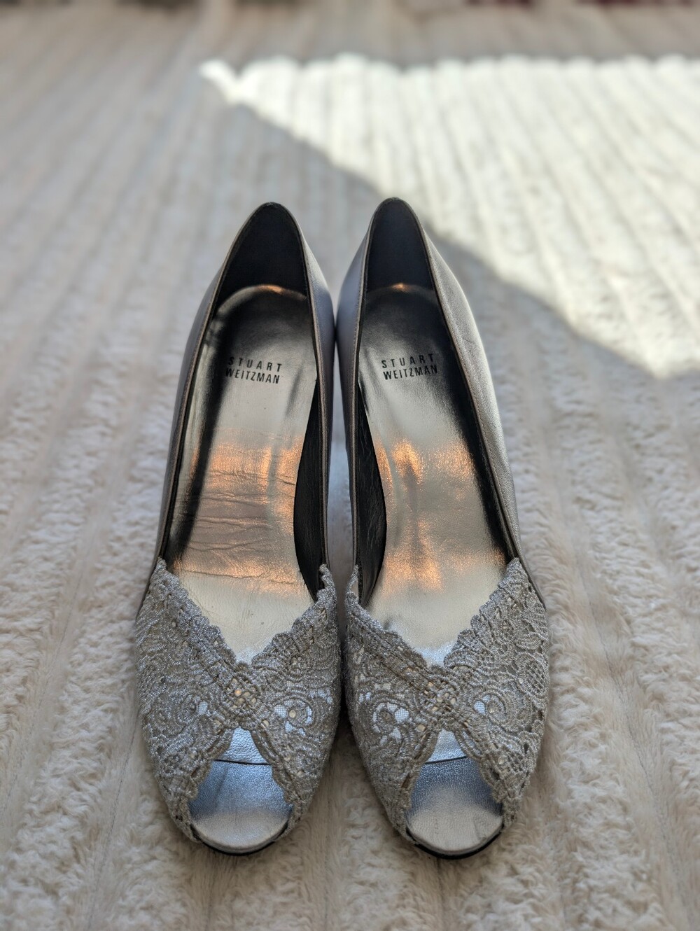 Stuart Weitzman Metallic Silver Lace Peep-Toe Pumps